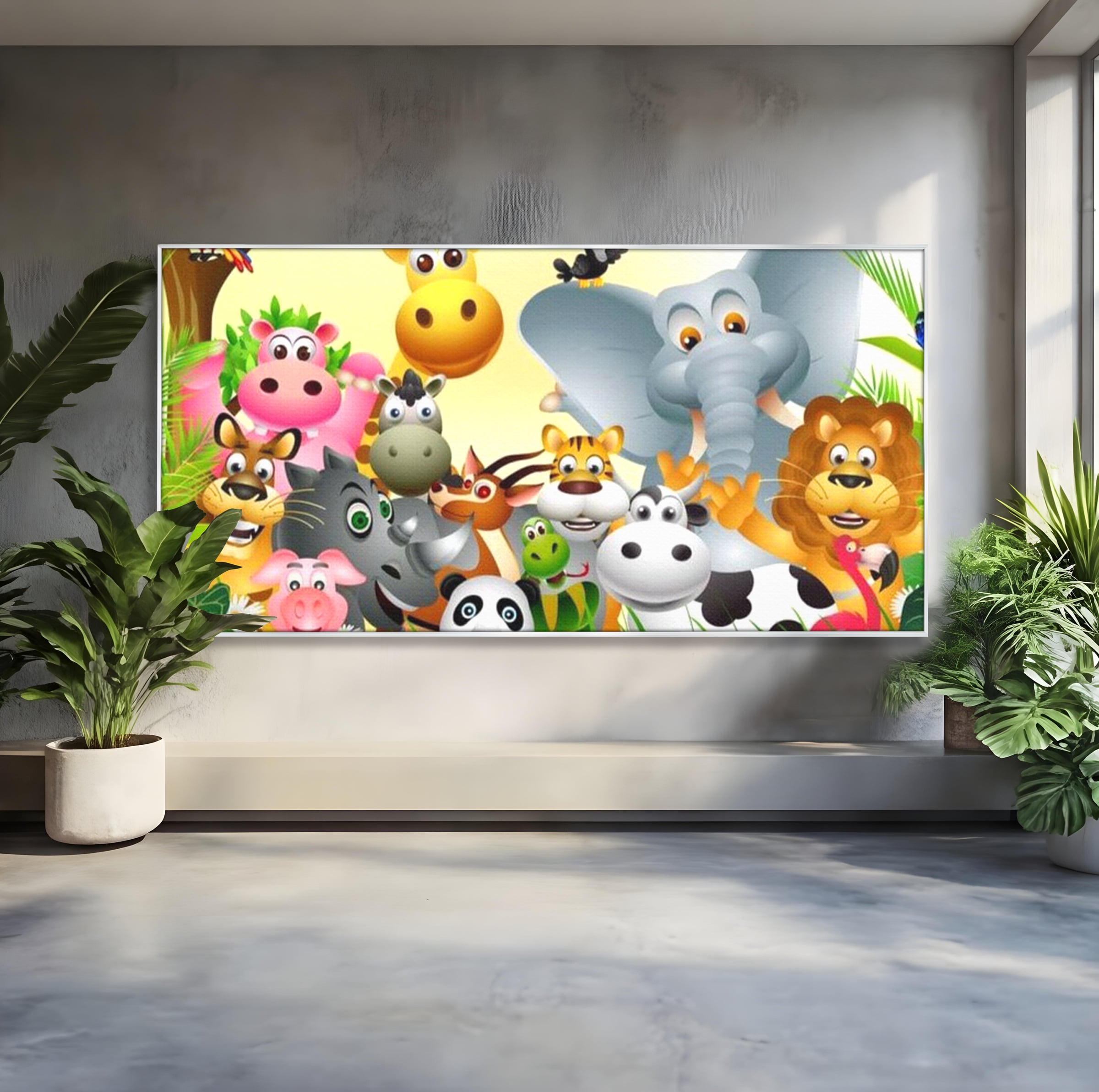 Tablou canvas cu tablou canvas cu animale din jungla, in rama de aluminiu argintiu